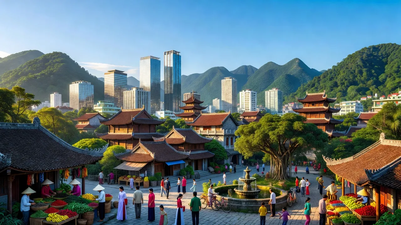 Thành phố Hà Giang với kiến trúc hiện đại và núi xanh tươi xung quanh, điểm đến hấp dẫn tại Việt Nam.