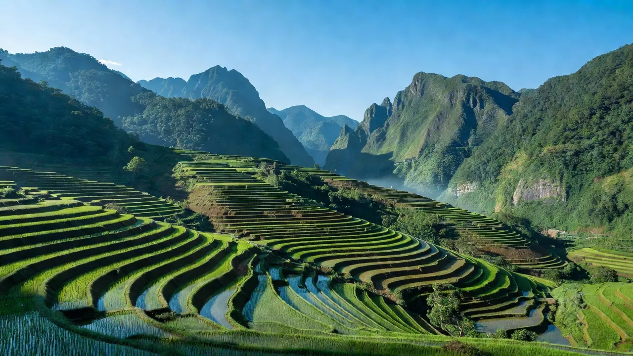 Ruộng bậc thang huyện Hoàng Su Phì, Hà Giang, khung cảnh thiên nhiên tuyệt đẹp trên cao.