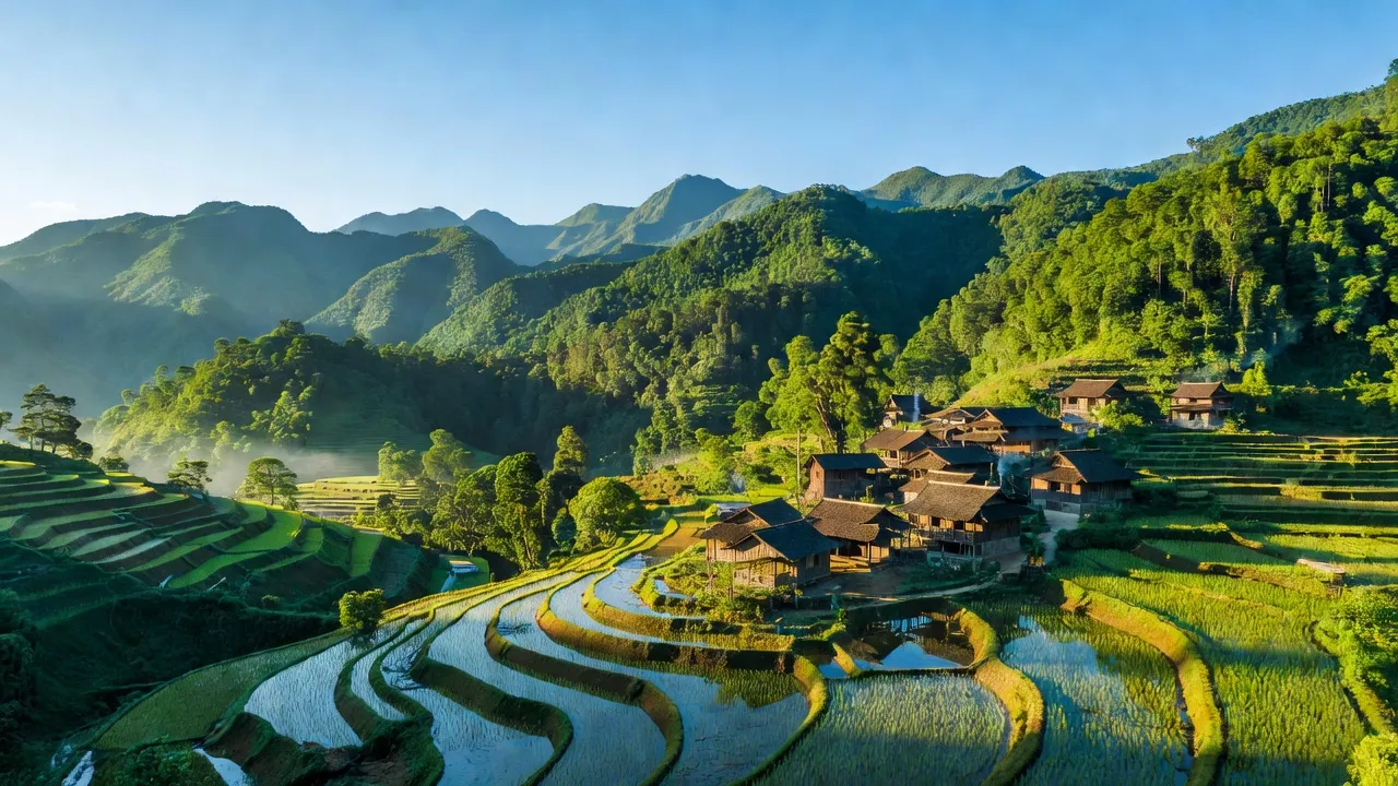Cảnh quan xã Bản Luốc, huyện Hoàng Su Phì, Hà Giang với núi xanh và ruộng bậc thang.