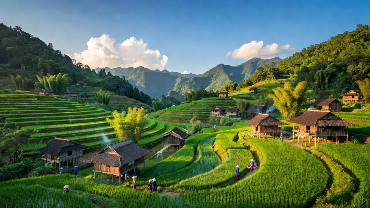 Khung cảnh xã Bản Luốc, Hoàng Su Phì, Hà Giang với ruộng bậc thang và nhà sàn truyền thống.