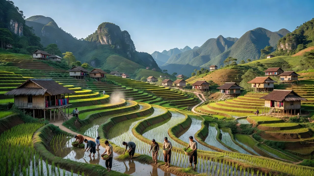 Xã Bản Máy, huyện Hoàng Su Phì, tỉnh Hà Giang with terraced fields and traditional houses.