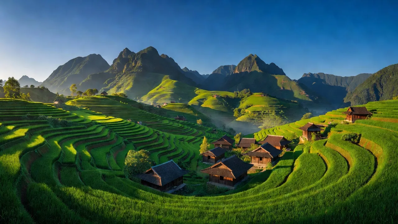 Khung cảnh ruộng bậc thang xã Bản Nhùng, huyện Hoàng Su Phì, tỉnh Hà Giang dưới bầu trời xanh.