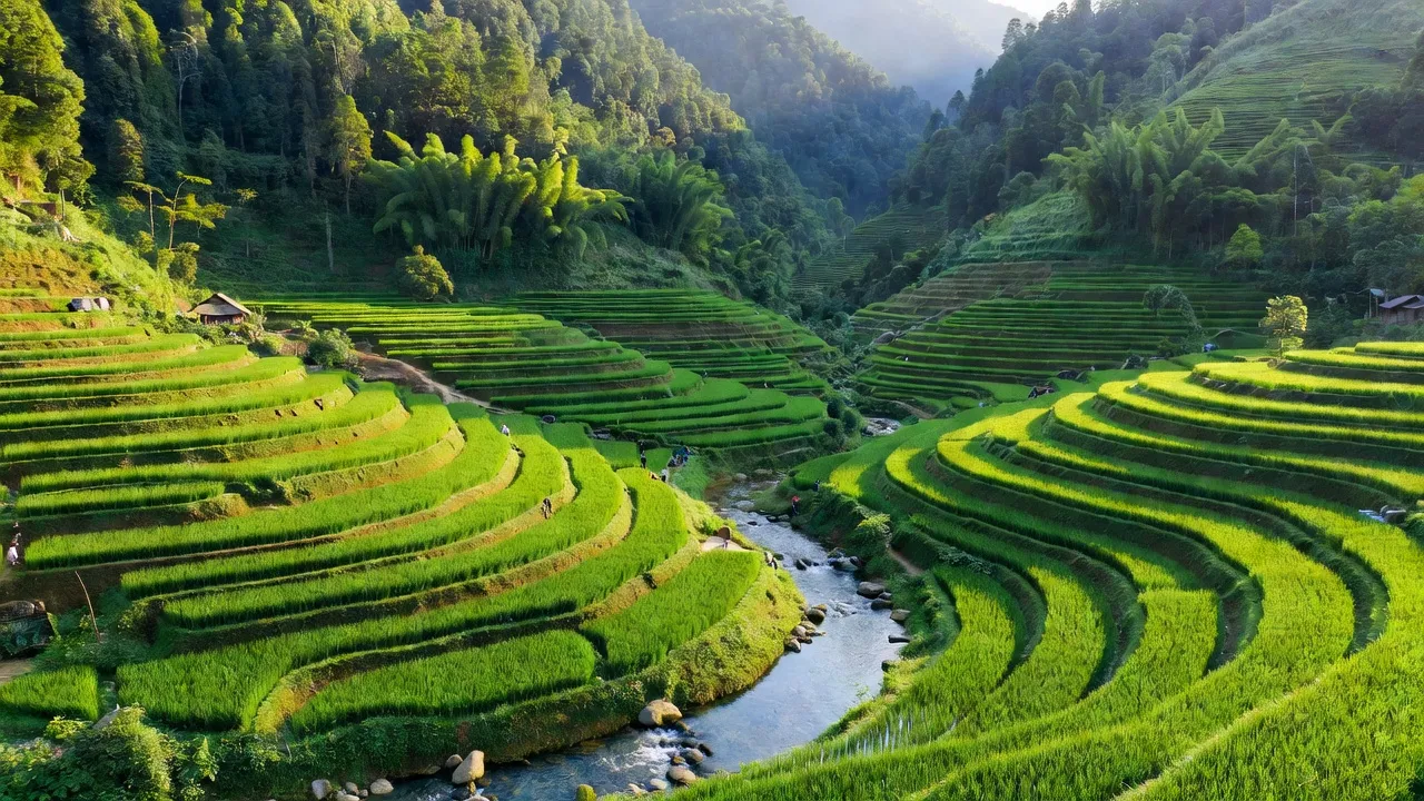Khung cảnh thiên nhiên xã Chiến Phố, huyện Hoàng Su Phì, Hà Giang với ruộng bậc thang và núi rừng.