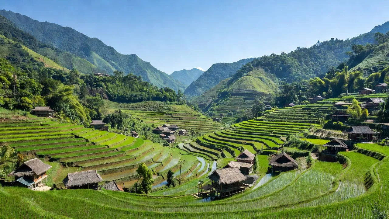 Bức tranh phong cảnh Đản Ván, huyện Hoàng Su Phì, Hà Giang, với ruộng bậc thang và nhà dân tộc.