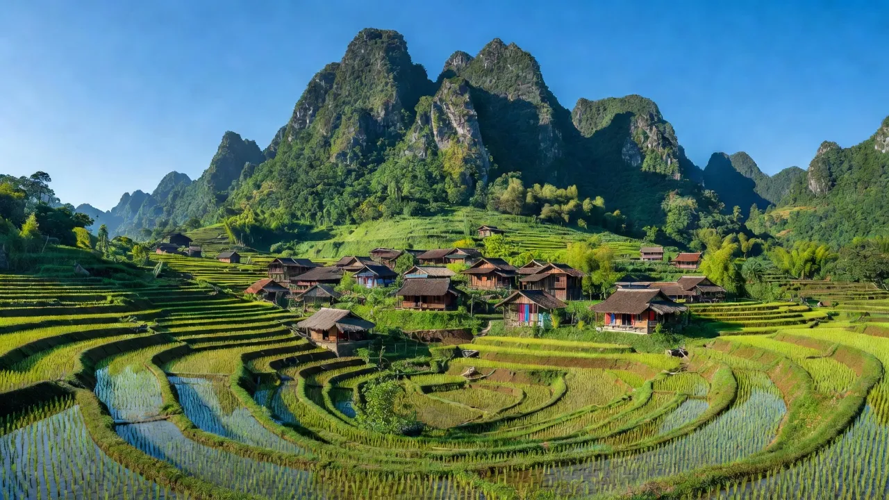 Cảnh đẹp xã Hồ Thầu dưới chân núi Chiêu Lầu Thi, Hà Giang với ruộng bậc thang và nhà dân tộc Dao.