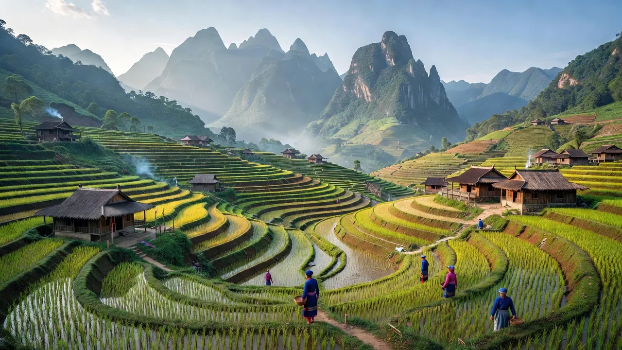 Cảnh Hồ Thầu dưới chân núi Chiêu Lầu Thi, ruộng bậc thang và nhà dân tộc Dao.