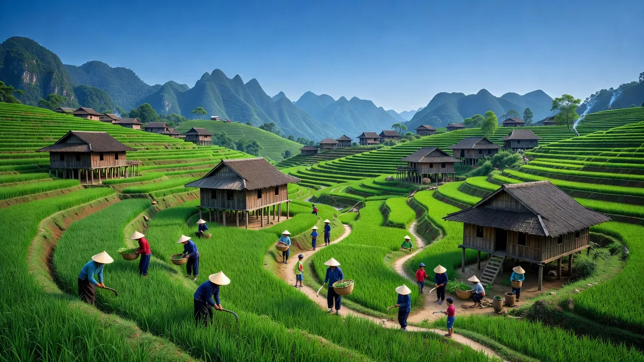 Cảnh sắc xã Nậm Dịch, huyện Hoàng Su Phì, với ruộng bậc thang xanh và nhà sàn truyền thống.