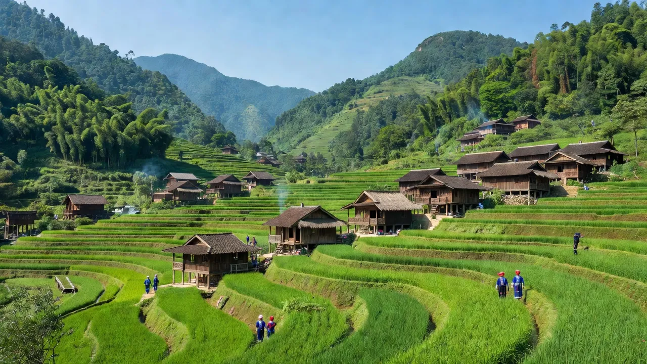 Khung cảnh Xã Nậm Khòa, huyện Hoàng Su Phì, Hà Giang với ruộng bậc thang xanh mướt.