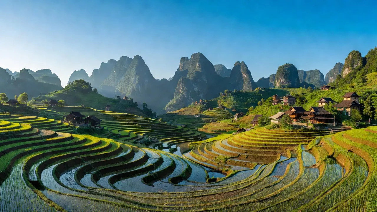 Khung cảnh xã Nậm Tỵ, Hoàng Su Phì với ruộng bậc thang và núi non hùng vĩ.