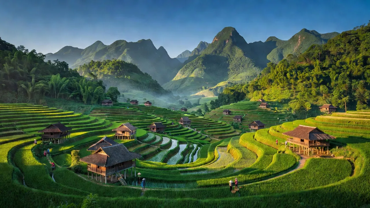 Cảnh đẹp xã Nàng Đôn, huyện Hoàng Su Phì, tỉnh Hà Giang với núi non và ruộng bậc thang.