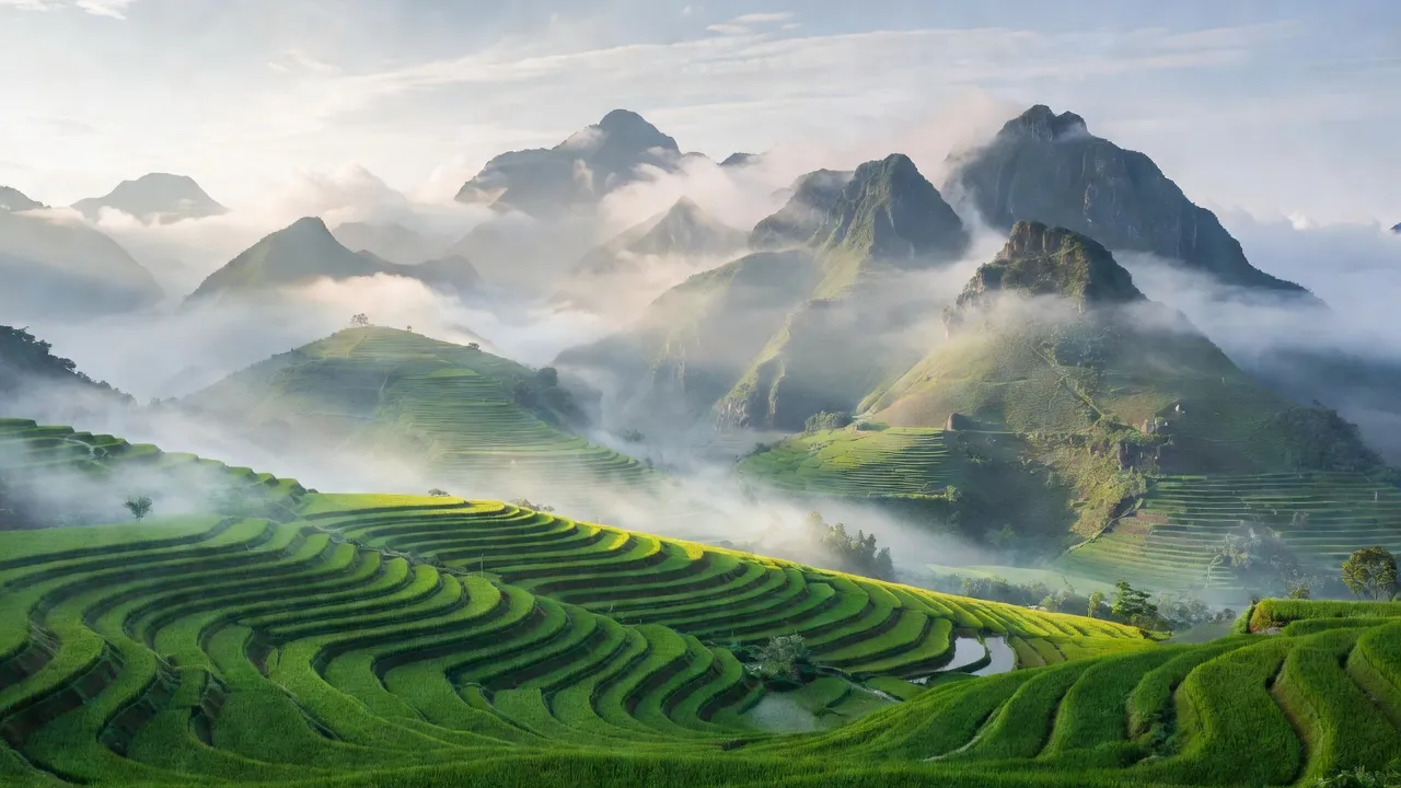 Cảnh sắc Nàng Đôn, Hoàng Su Phì với đồi núi, ruộng bậc thang xanh tươi và mây trời.