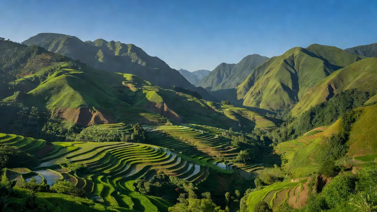 Khung cảnh Xã Ngàm Đăng Vài, Hoàng Su Phì, với đồi núi xanh và ruộng bậc thang.