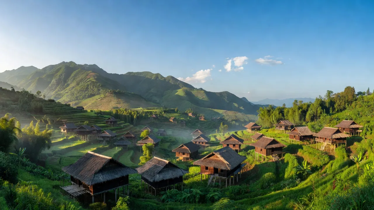 Cảnh đẹp xã Pố Lồ, huyện Hoàng Su Phì, tỉnh Hà Giang với núi non hùng vĩ và nhà truyền thống.