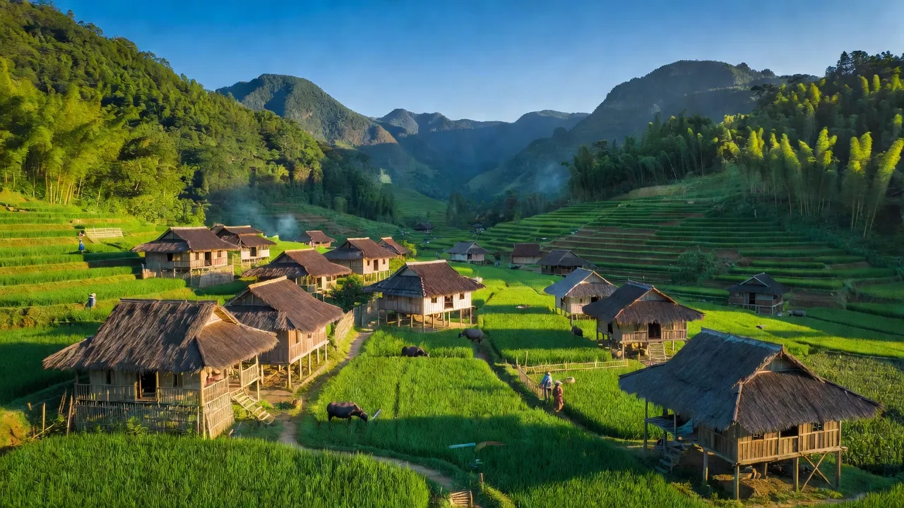 Cảnh sắc xã Pố Lồ, huyện Hoàng Su Phì, Hà Giang với nhà truyền thống và thiên nhiên tươi đẹp.