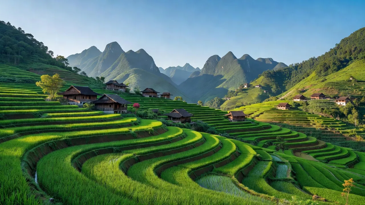 Cảnh đẹp xã Pờ Ly Ngài, Hoàng Su Phì với ruộng bậc thang và nhà truyền thống giữa núi.