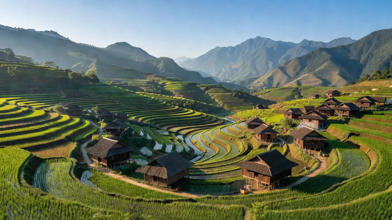 Cảnh quan xã Sán Xả Hồ, huyện Hoàng Su Phì, Hà Giang với ruộng bậc thang và núi non hùng vĩ.
