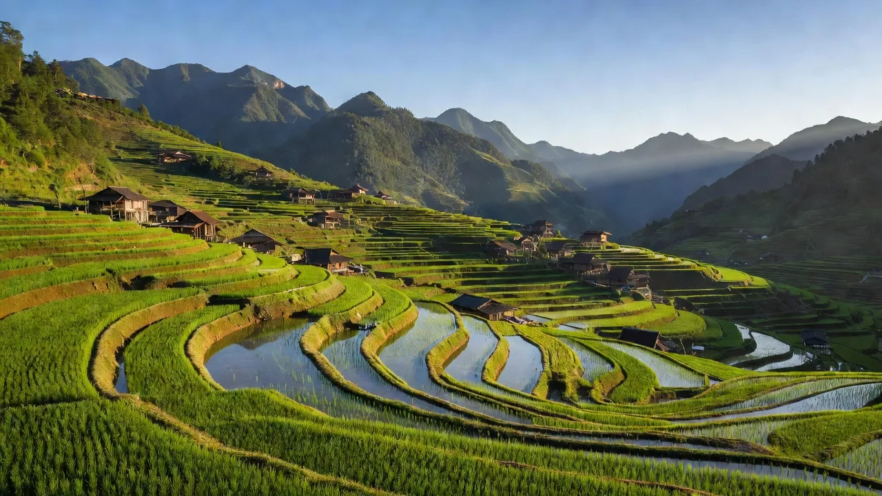 Xã Tả Sử Choóng, huyện Hoàng Su Phì, Hà Giang với ruộng bậc thang tuyệt đẹp và núi non xanh tươi.