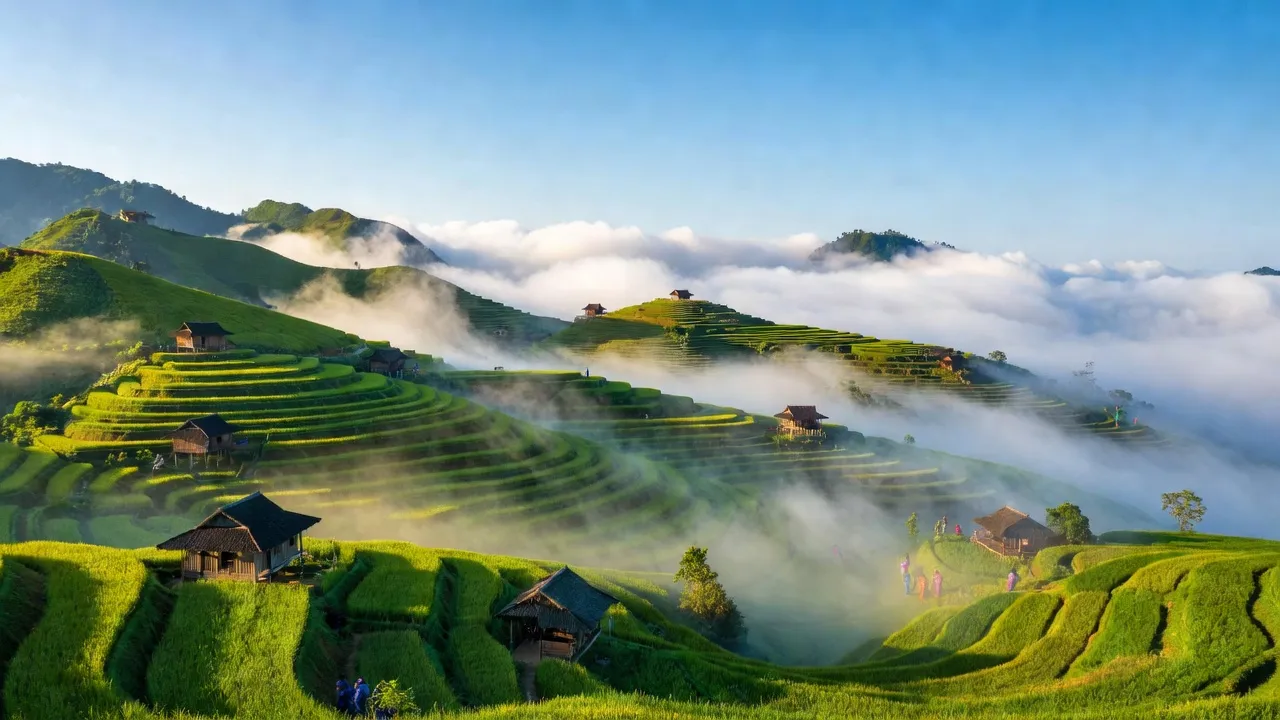 Cảnh thiên nhiên xanh tươi ở xã Tân Tiến, huyện Hoàng Su Phì, tỉnh Hà Giang với ruộng bậc thang.