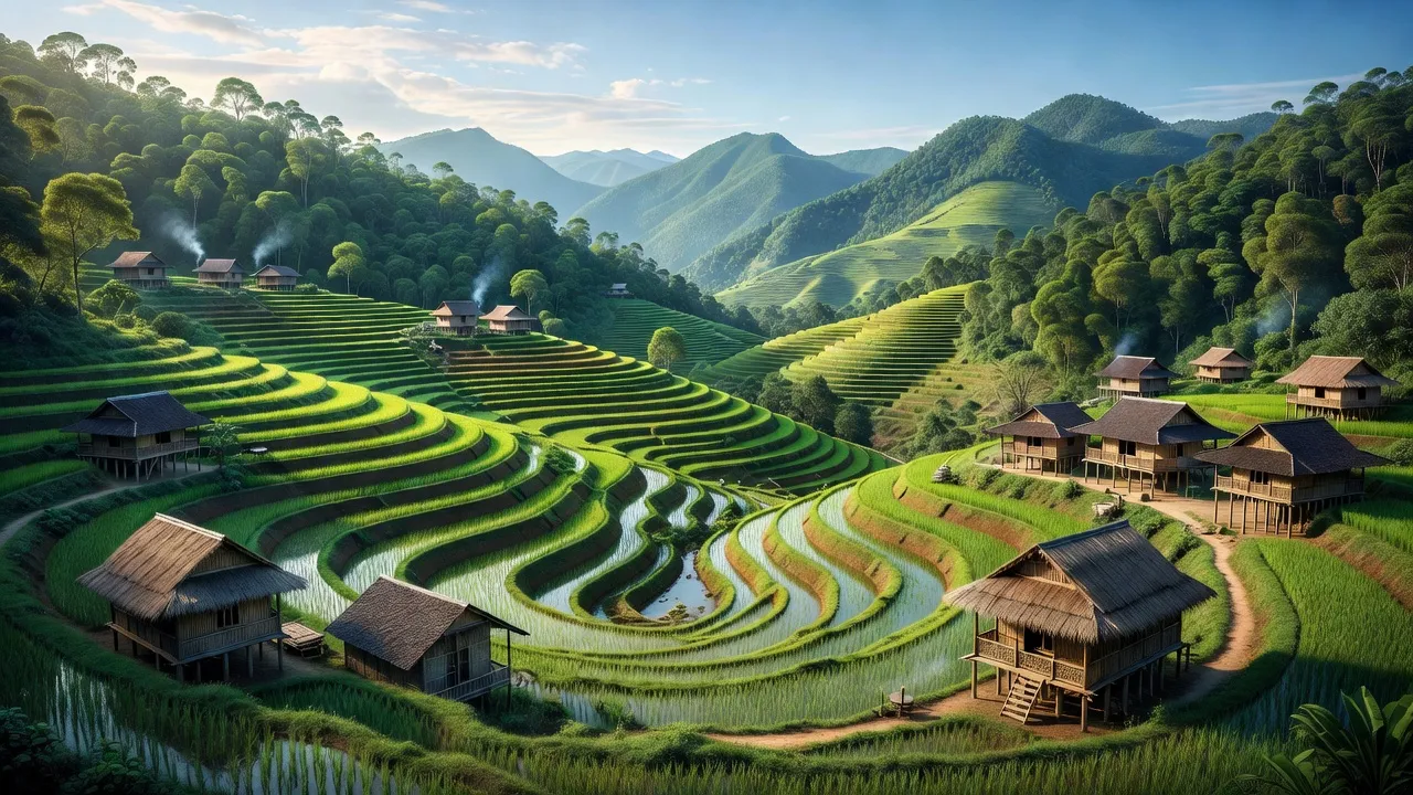 Phong cảnh xã Tân Tiến, huyện Hoàng Su Phì, tỉnh Hà Giang với ruộng bậc thang và nhà truyền thống.