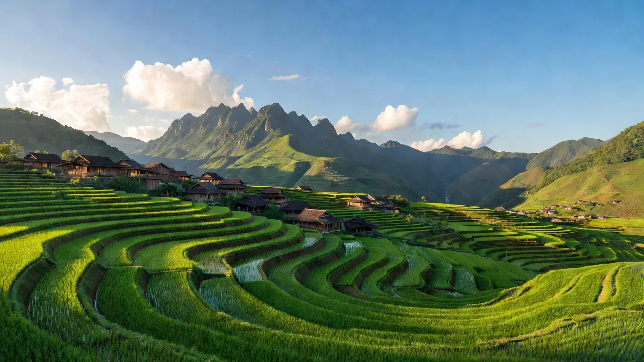 Khung cảnh xã Thàng Tín, huyện Hoàng Su Phì với ruộng bậc thang và núi non hùng vĩ.