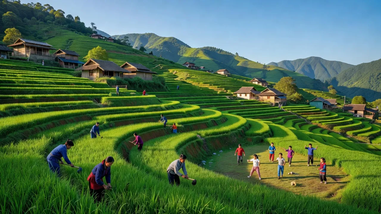 Cảnh quan xã Thèn Chu Phìn, huyện Hoàng Su Phì, Hà Giang với ruộng bậc thang và nhà truyền thống.