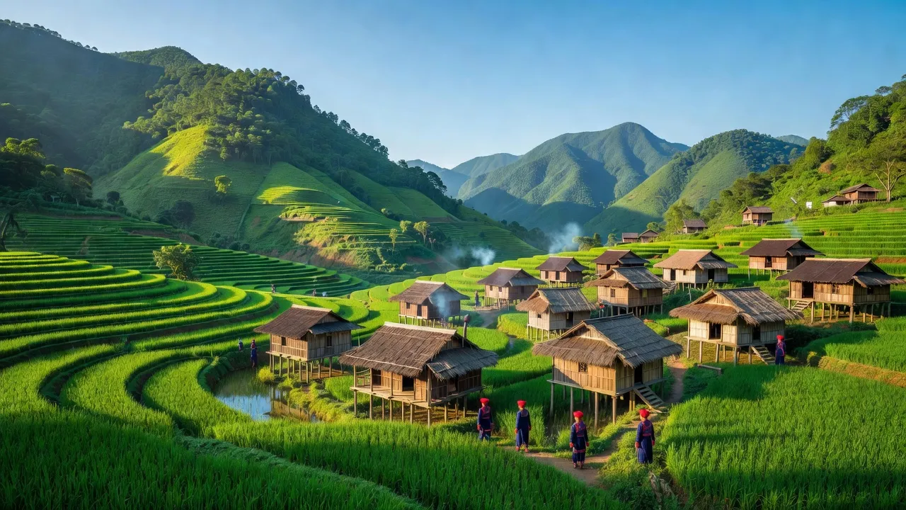 Toàn cảnh xã Thông Nguyên, huyện Hoàng Su Phì, Hà Giang, với núi non xanh tươi và ruộng bậc thang.