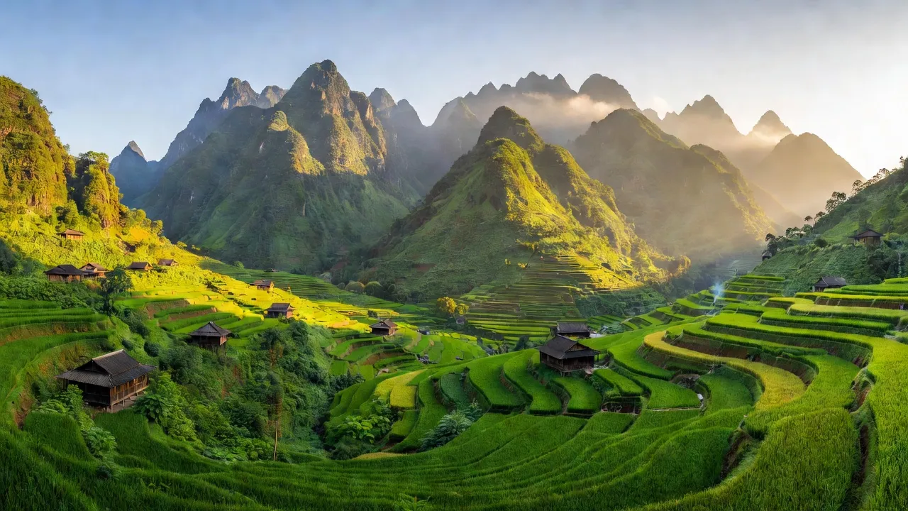 Cảnh đẹp xã Túng Sán, huyện Hoàng Su Phì, Hà Giang với núi non xanh và nhà gỗ cổ truyền.