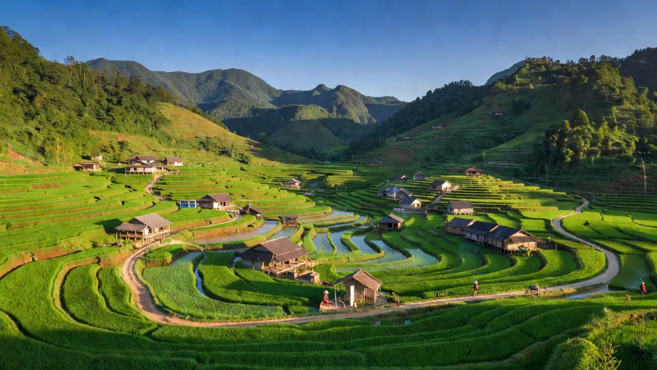 Toàn cảnh xã Túng Sán, huyện Hoàng Su Phì, Hà Giang với núi non và ruộng bậc thang xanh tươi.