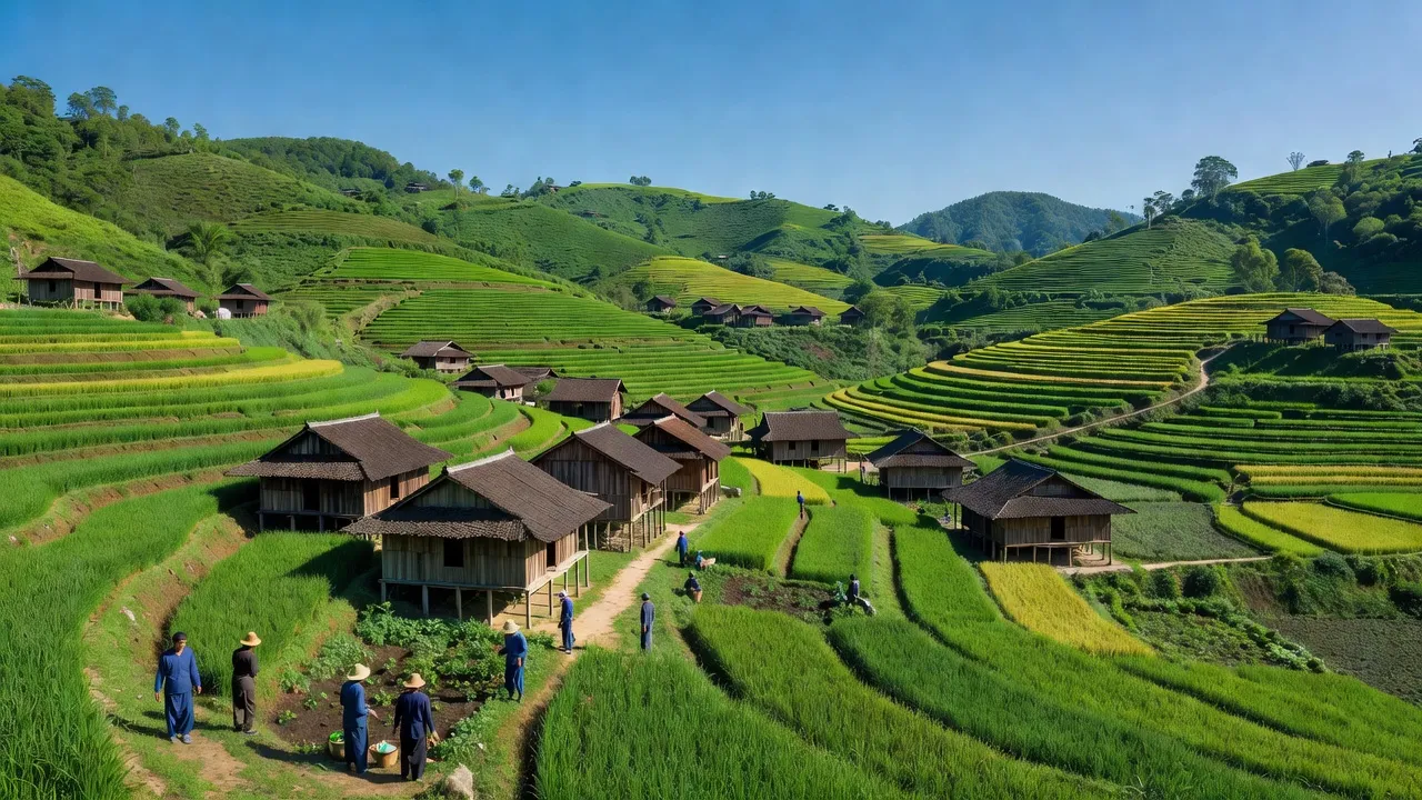 Cảnh quan thị trấn Vinh Quang, huyện Hoàng Su Phì, tỉnh Hà Giang với thiên nhiên xanh tươi.