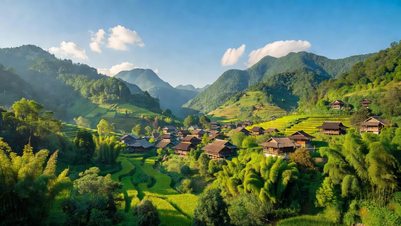 Thị trấn Vinh Quang, Hoàng Su Phì, Hà Giang, với nhà truyền thống và cảnh quan thiên nhiên tươi đẹp.