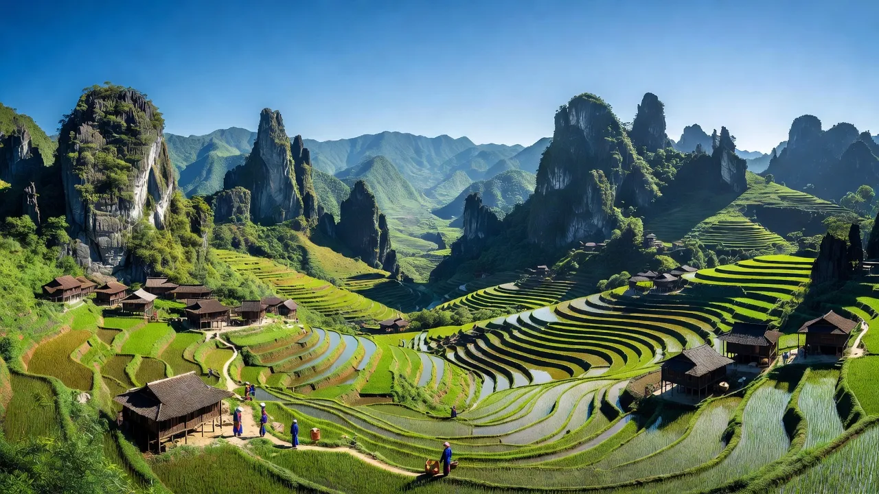 Khung cảnh tuyệt đẹp huyện Mèo Vạc, Hà Giang với núi karst và làng dân tộc thiểu số.