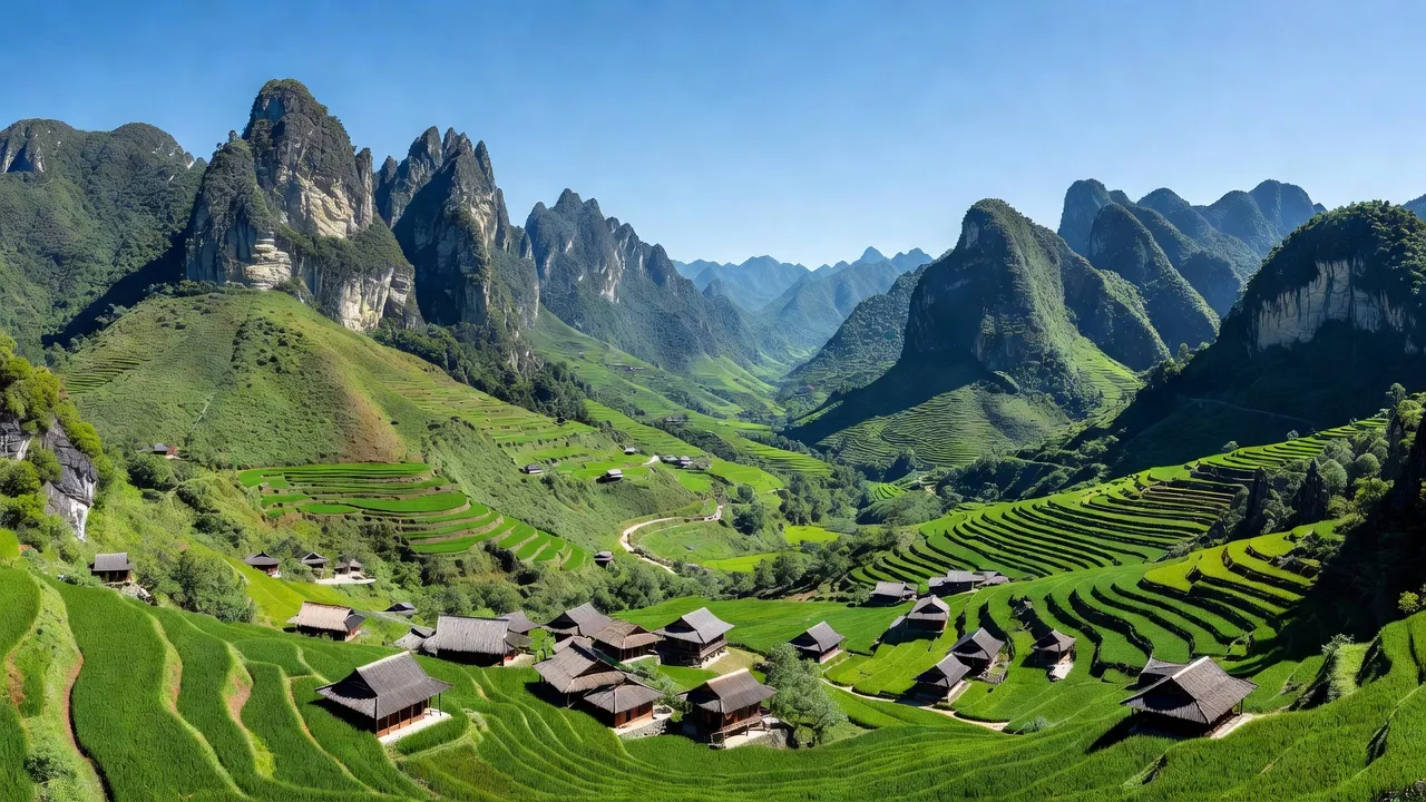 Mèo Vạc huyện Hà Giang với núi karst và nhà dân tộc thiểu số, phong cảnh thiên nhiên đẹp.