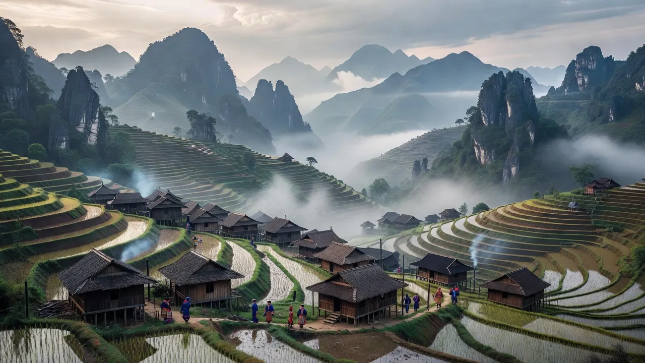 Cán Chu Phìn, Mèo Vạc, Hà Giang - mountainous landscape with traditional houses and terraced fields.