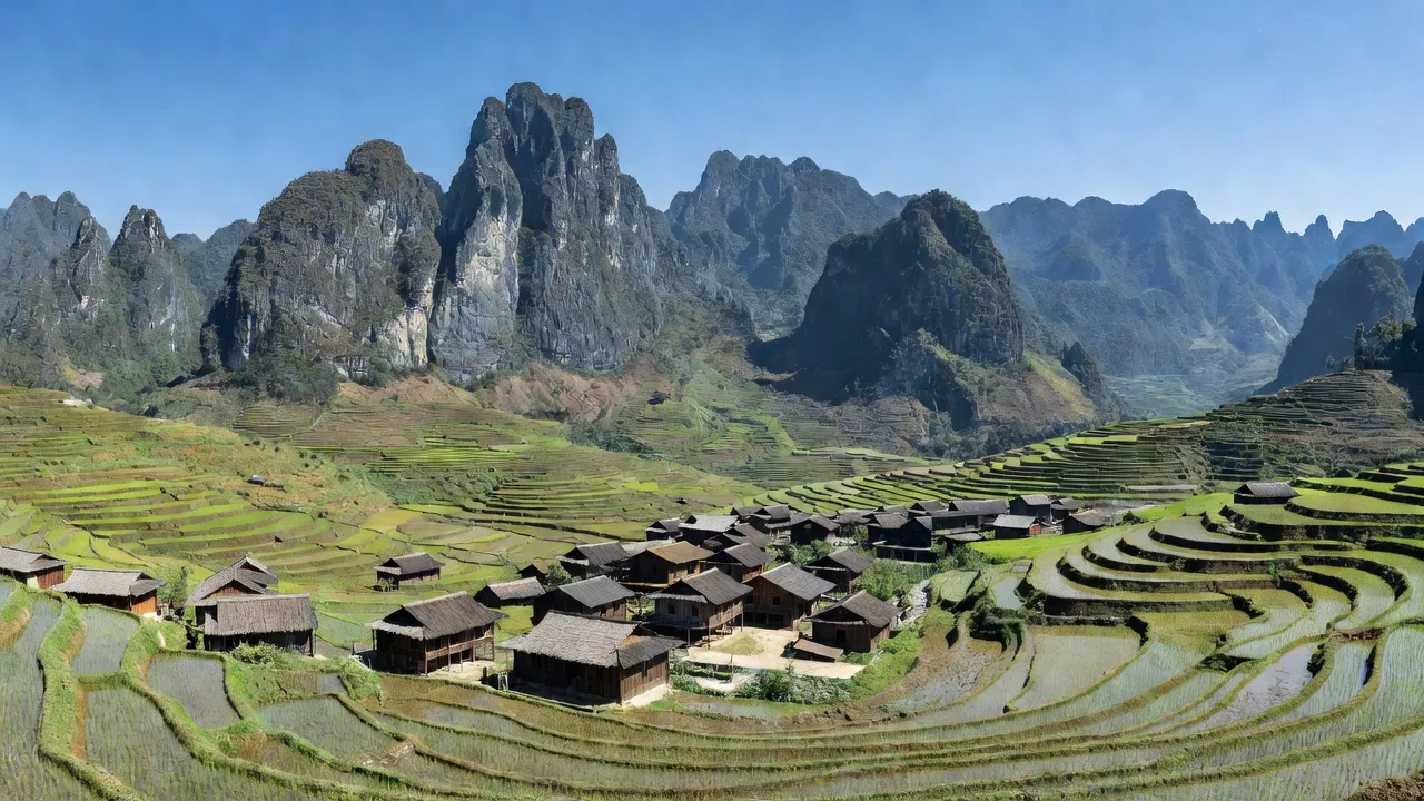 Hình ảnh làng Lũng Pù, huyện Mèo Vạc, Hà Giang với núi đá vôi và nhà truyền thống.