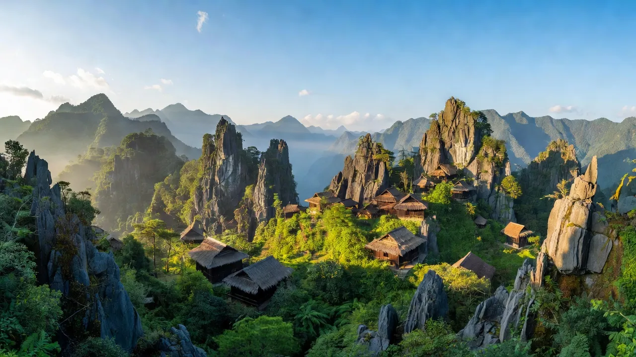 Khung cảnh đẹp tại xã Lũng Pù, huyện Mèo Vạc, Hà Giang với núi đá và nhà truyền thống.