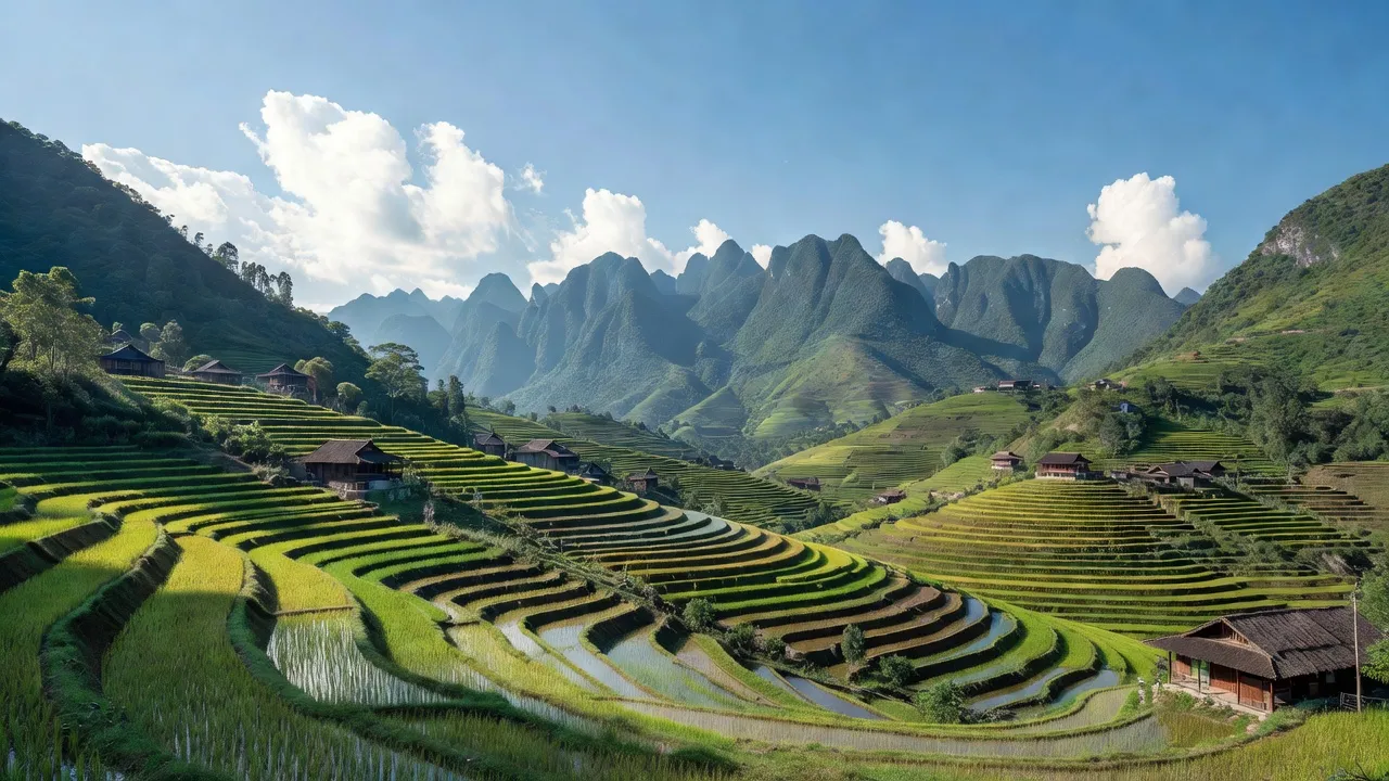 Khung cảnh xã Nậm Ban, huyện Mèo Vạc, Hà Giang với ruộng bậc thang và nhà dân tộc.