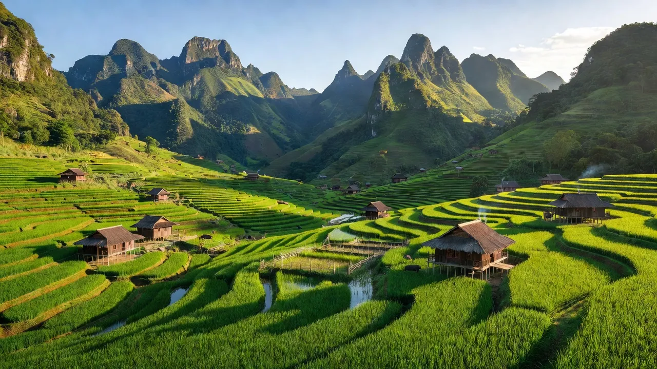 Cảnh quan xã Niêm Sơn, huyện Mèo Vạc với núi non và cánh đồng xanh tại Hà Giang.