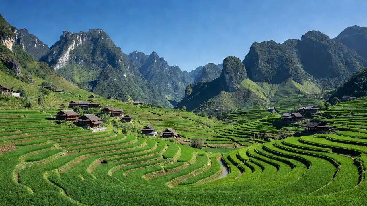 Cảnh đẹp xã Niêm Tòng, huyện Mèo Vạc, tỉnh Hà Giang với núi và ruộng bậc thang.