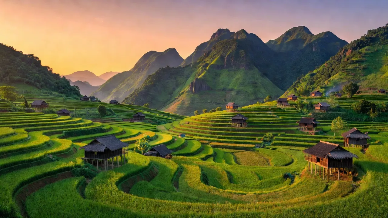 Toàn cảnh xã Niêm Tòng, huyện Mèo Vạc, Hà Giang với núi non, ruộng bậc thang và nhà sàn.