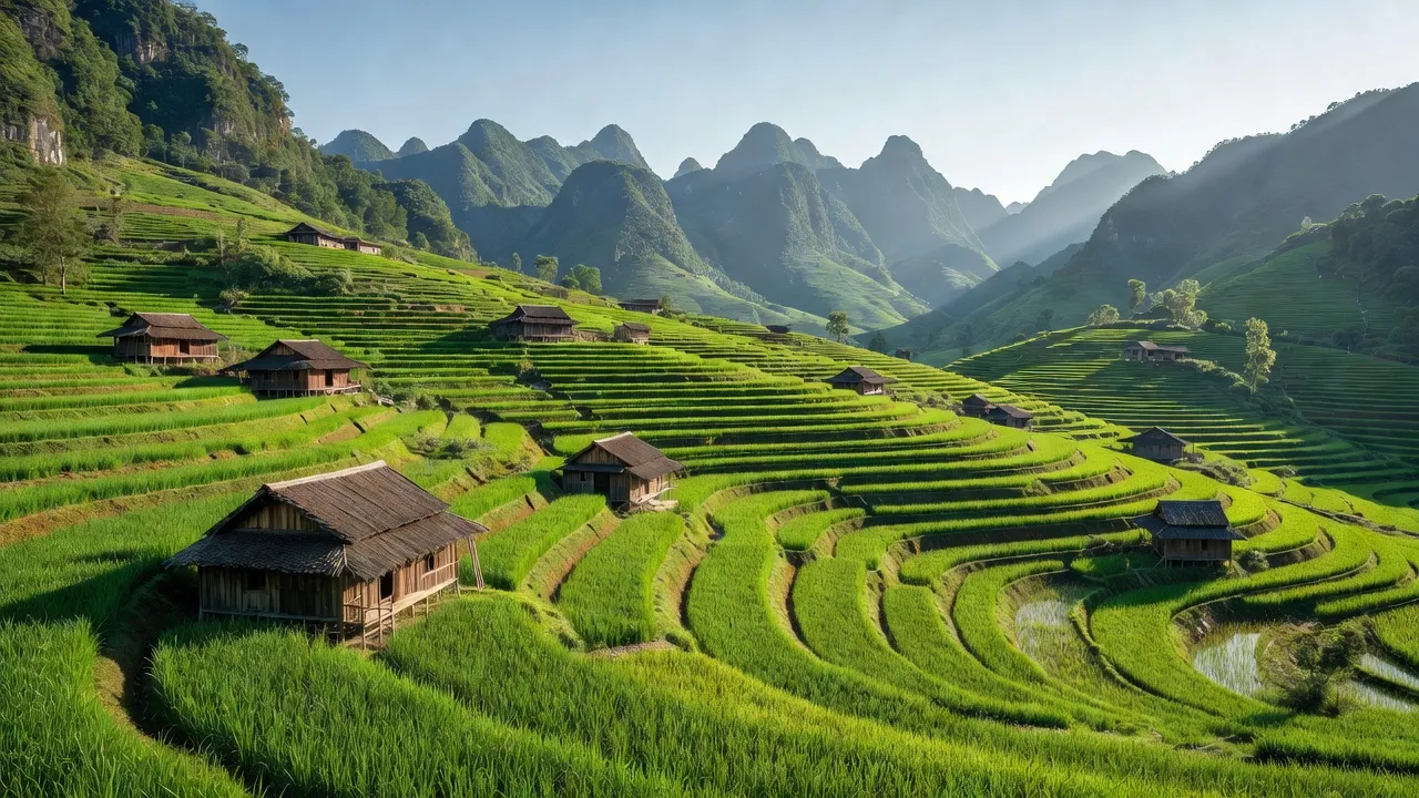 Cảnh quan xã Pả Vi, huyện Mèo Vạc, Hà Giang với núi non và ruộng bậc thang xanh tươi.