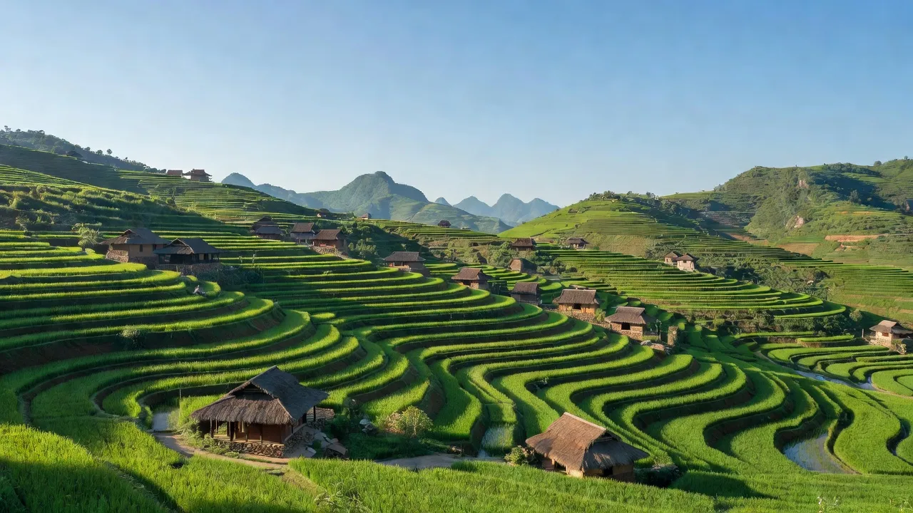 Cảnh đẹp xã Sơn Vĩ, huyện Mèo Vạc, tỉnh Hà Giang với ruộng bậc thang xanh tươi.