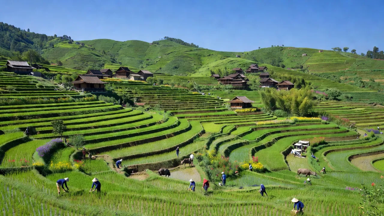 Cảnh quan xanh tươi xã Sơn Vĩ, huyện Mèo Vạc, tỉnh Hà Giang với cánh đồng và nhà gỗ.