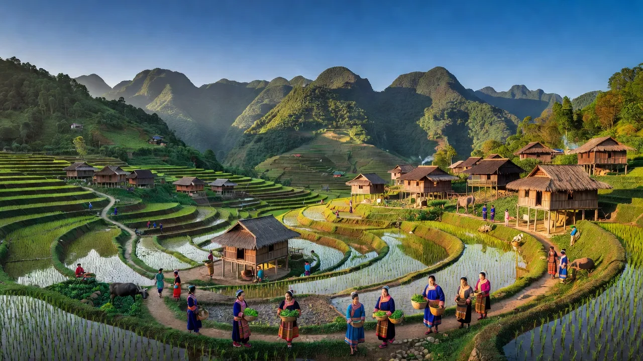 Khung cảnh tuyệt đẹp xã Sủng Máng, Mèo Vạc, Hà Giang với ruộng bậc thang và núi rừng xanh.