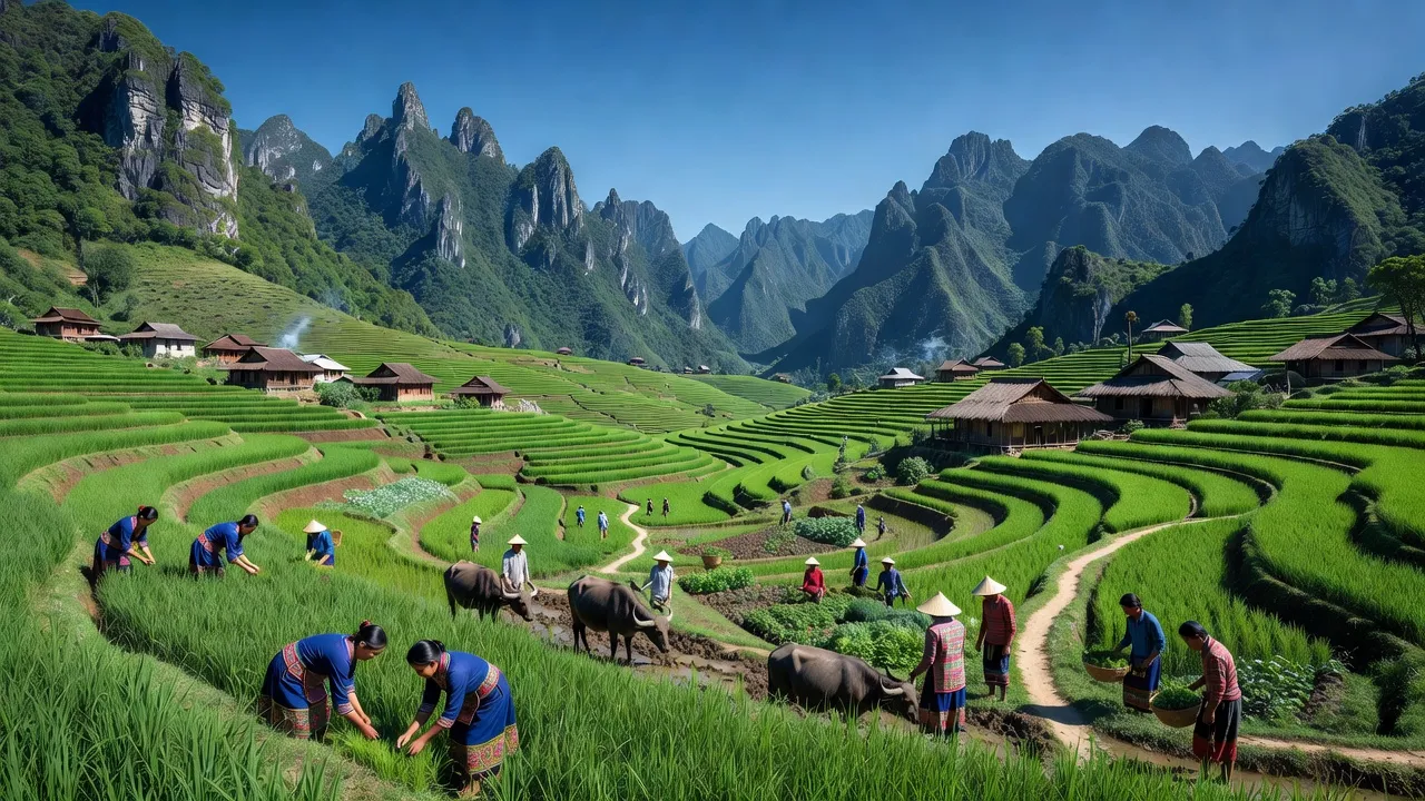 Khung cảnh xã Sủng Máng, huyện Mèo Vạc, Hà Giang với núi xanh và nhà truyền thống.