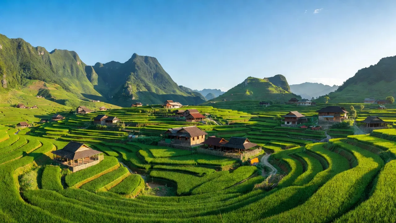 Tát Ngà village in Mèo Vạc, Hà Giang with green mountains and traditional houses.