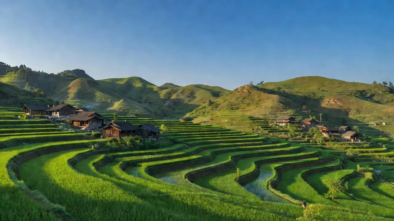 Cảnh đẹp xã Thượng Phùng, huyện Mèo Vạc, tỉnh Hà Giang với ruộng bậc thang và nhà sàn.