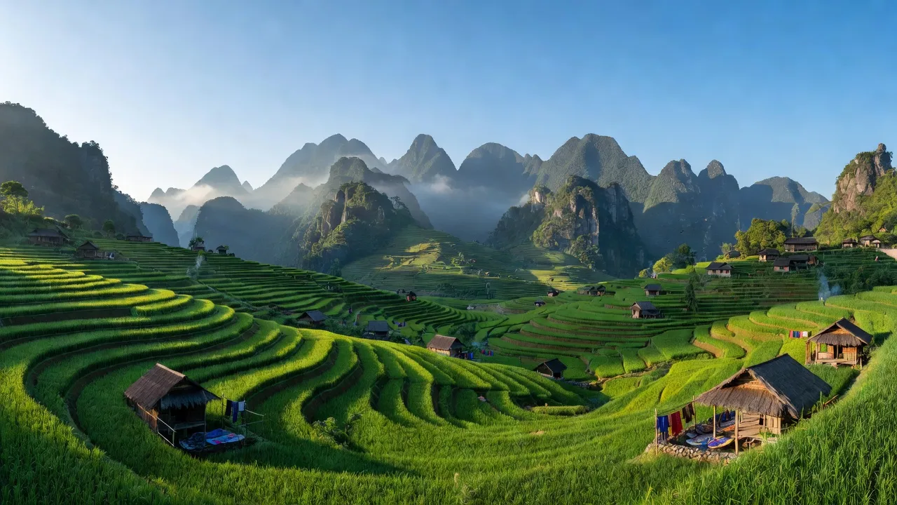 Cảnh quan xã Thượng Phùng, huyện Mèo Vạc, tỉnh Hà Giang với cánh đồng xanh và núi hùng vĩ.