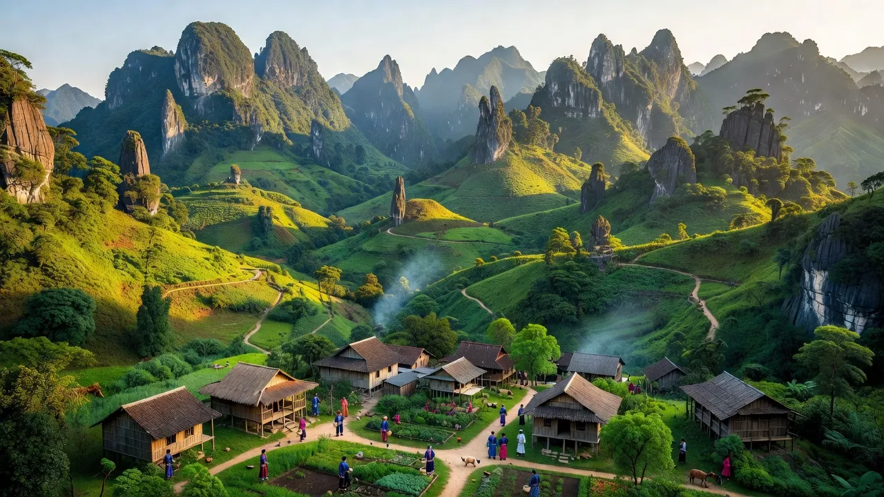 Quản Bạ tỉnh Hà Giang với núi non hiểm trở, cây cối xanh tươi và bản làng địa phương.