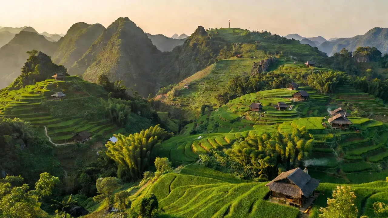 Cảnh quan Bát Đại Sơn, huyện Quản Bạ, tỉnh Hà Giang với đồi núi và cuộc sống văn hóa đặc sắc.