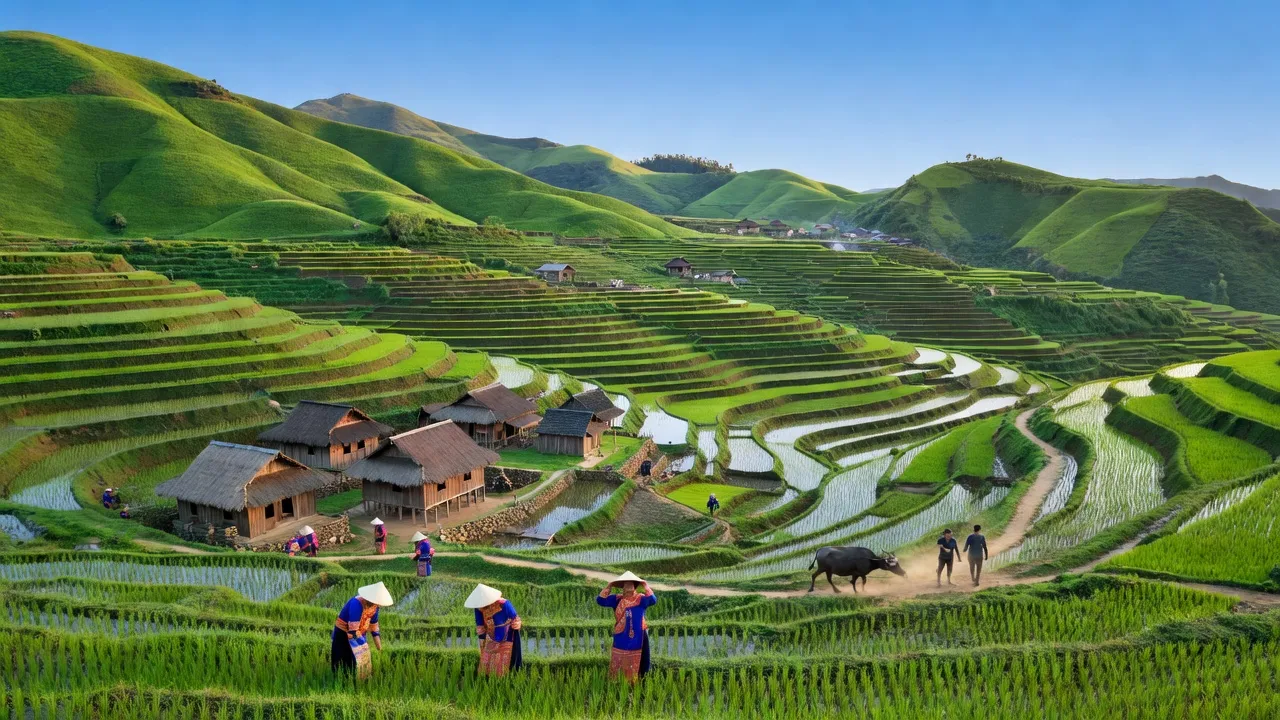 Phong cảnh Xã Bát Đại Sơn, huyện Quản Bạ, tỉnh Hà Giang với đồi núi và ruộng bậc thang.